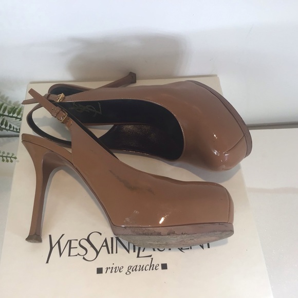 YVES SAINT LAURENT VITELLO VERN PATENT LEATHER SLINGBACK STILETTO HEELS NUDE 7.5 - Picture 10 of 16